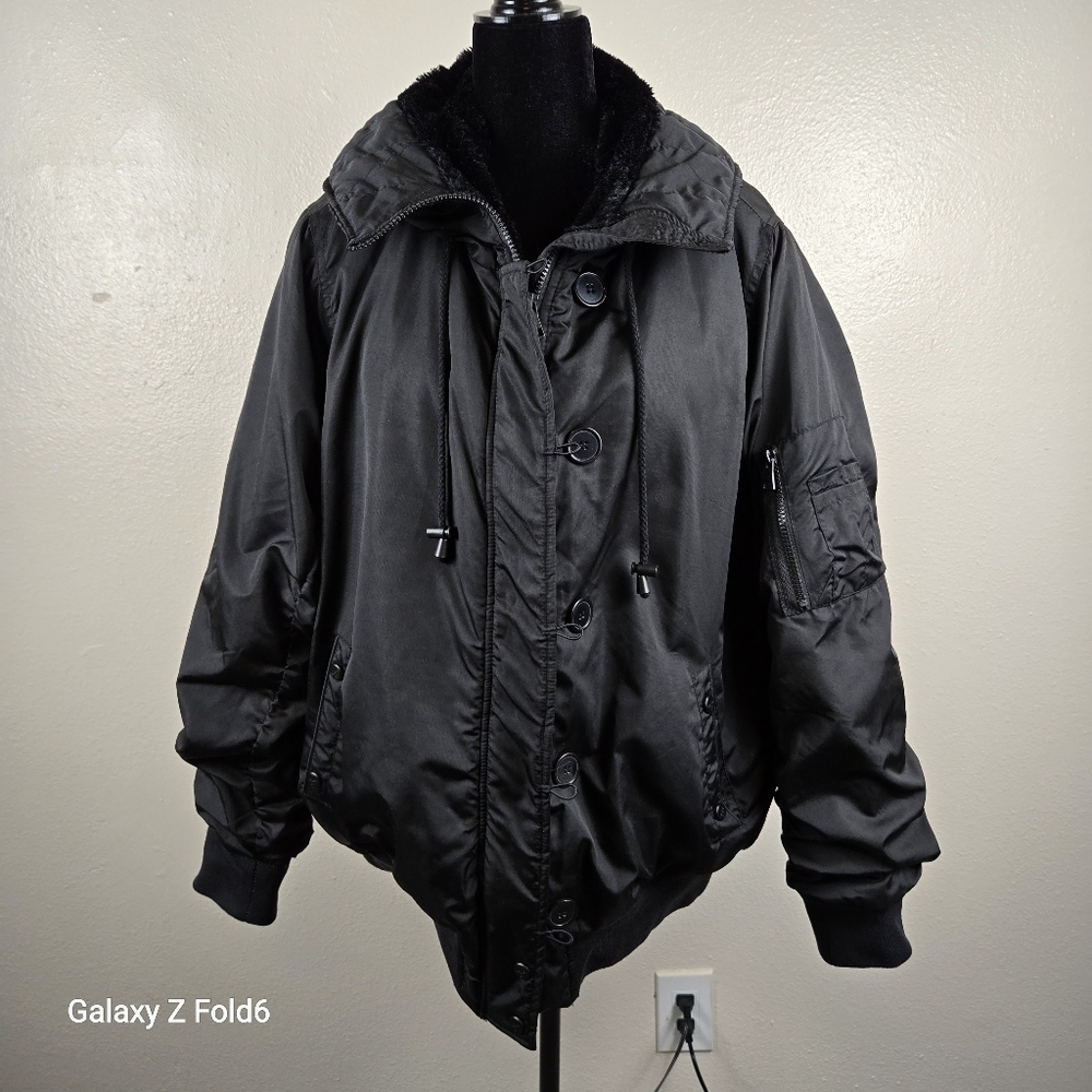 Madden Girl Black‎ Bomber Jacket Faux Fur Lined Hooded Coat Women’s L